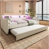 Merax Daybett Sofabett Schlafsofa mit LED-Beleuchtung & USB-Ladebuchse (Einzelbett/Doppelbett mit Regal, 1 tlg), Polsterbett Tagesbett 90x200cm mit Ausziehbett 90x190cm, Leinenstoff
