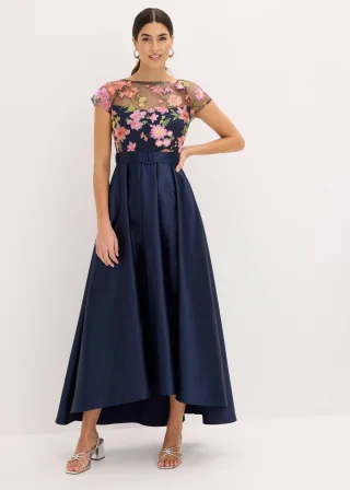 bonprix Maxikleid aus glänzendem Satin mit Spitze, blau, Gr.50, Bezauberndes Maxikleid aus glänzendem Satin mit floraler Stickerei im Oberteil und Gürtel