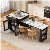 Merax Küchenzeile Esstisch Kücheninsel mit Rollen, Ausziehbarer Esstisch, küchentisch, LED Steckdosenleiste, Multifunktionaler Bartisch, Sideboard