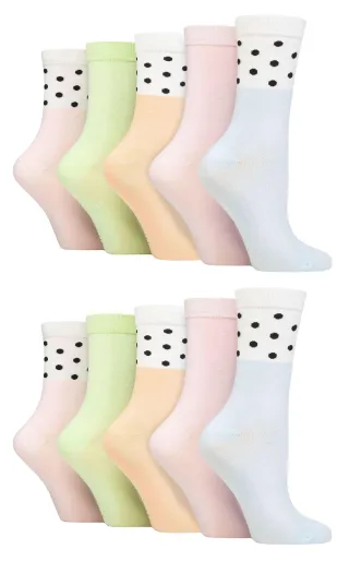 Wildfeet - 10er Pack Damen Bambus Crew Socken mit Punkten, Leoparden- und Blumenmuster - Spots Pastell