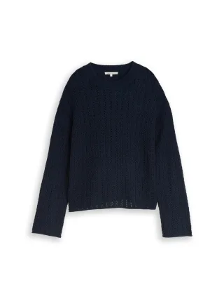 Denim Tom Tailor - Relaxed Fit Strickpullover mit Lochmuster sky captain blue - Gr. - M