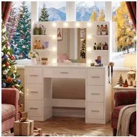 Furnicopia Schminktisch Schminktisch mit LED-Beleuchtung und Steckdosen (Abmessungen: 110 × 40 × 137 Zentimeter Ausstattung: 10 kugelförmige Leuchten mit einstellbarer Helligkeit, 7 Schubladen, 4 offene Staufächer, 1 USB- und 1 Typ-C-Ladeanschluss, 1