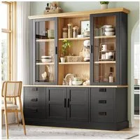 Flieks Küchenbuffet Glasvitrine Hochschrank mit 2 Glastüren und 6 Schubladen (1-St., B140/T40/H185 cm) Mehrzweckschrank Multifunktionsschrank Bücherregal Schwarz & Natur