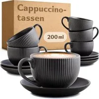 Cosumy Cappuccinotasse Cappuccinotassen mit Untertassen - 6er Set - 200ml, 12-tlg., Keramik, Mit Untertassen - Hält Lange warm - Spülmaschinenfest - 200ml