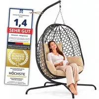 Goods+Gadgets Hängestuhl Polyrattan Hängestuhl mit Gestell und Kissen–Komfort für Innen & Außen (Hängekorb Sessel), Schwebeliege Rattan Outdoor & Indoor Relax Hängeliege