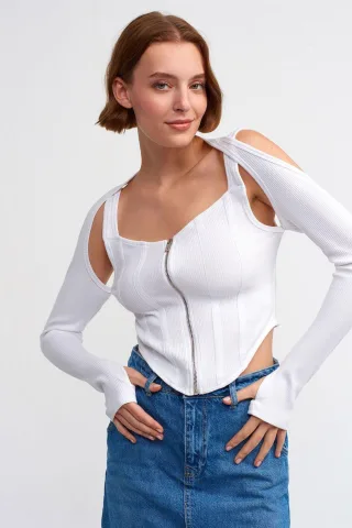 Taillierte Rippstrick-Short-Bluse mit Reißverschluss vorne