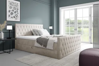 Boxspringbett Schlafzimmerbett ASHER PREMIUM 140x200cm Stoff Fresh Altweiß
