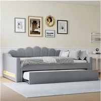Merax Daybett mit LED- Beleuchtung & blütenförmigem Kopfteil (Kinderbett Polsterbett Jugendbett, 1 tlg), Schlafsofa Tagesbett 140x200cm mit Ausziehbett 90x190cm, Samt