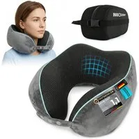 NEOLYMP Nackenkissen Flugzeug mit Kinnstütze verhindert Vorfallen des Kopfes – Reisekissen, Nackenkissen Flugzeug - Komprimierbar mit Tasche & Kofferband, Nackenkissen Reise Travel Pillow - 360° Support & schlanker Rückseite
