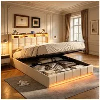 Furnishings Home Polsterbett Stauraumbett Doppelbett Bettkasten LED 140x200 cm (1-tlg., Hydrauliksystem, hochtragfähig, mit RGB Beleuchtung), Mit Lattenrost und Ladefunktion, mit Komforthöhe