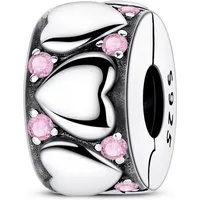 PANDACHARMS Bead Polierte Herzen mit Rosa Steinen Clip Charm, 925er Silber, Zirkonia