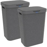 ROTHO Wäschekorb Country 2er-Set Wäschesammler 55l mit Deckel, Kunststoff (Wäschesammlerset, 2er-Set), Belüftung durch Rattan-Struktur verhindert Geruchsbildung