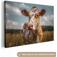 OneMillionCanvasses® Leinwandbild Kuh - Blumen - Wiese, Fotodruck (1 St), Leinwand Bilder Klein, Wand Dekoration Aesthetic 30x20 cm
