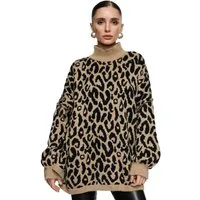 Worldclassca Longpullover WORLDCLASSCA Damen Oversize Strickpulllover Lang Leopard Muster Neue Kollektion - Stilvolle und gemütliche Strickmode für Damen