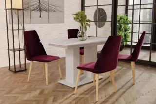 Essgruppe Weiss matt-Tisch mit 4 Bordeauxrot CAROS Stühlen für Esszimmer oder...
