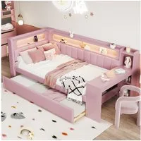 Flieks Daybett, Polsterbett 90x200cm mit Ausziehbett 90x190cm, USB, LED, Schreibtisch