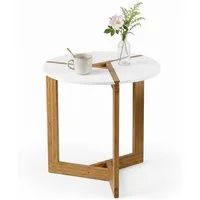 HOOZ Beistelltisch Bambus Sofatisch rund – Couchtisch Set Wohnzimmer Weiß-Natur Ø 50 cm (Einzelteil, 1-St., bestehend aus einem Kaffeetisch), Stilvoller Satztisch aus Bambus für Wohnzimmer und Schlafzimmer