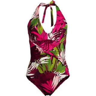 Figurformender Neckholder-Badeanzug, hoher Beinausschnitt, Damen,  Rot, Elasthan/Nylon-Mischung, by Lands' End