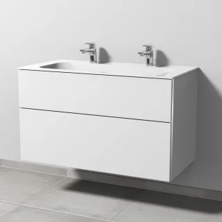 Sanipa 3way Keramik-Set Finion Keramik-Doppelwaschtisch und Unterbau mit 2 Auszügen, Weiß-Soft BR40343