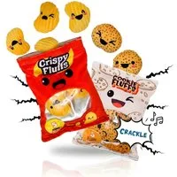 alldoro Plüschfigur Plüsch Spielzeug Snacks mit Knistereffekt, Chips & Kekse, 12-teilig, 2 kuschelige Snack-Tüten mit süßen Plüsch-Leckereien & Emoji-Gesicht