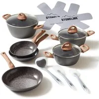STONELINE Topf-Set Kochgeschirr-Set, 14-teilig, mit Griff in Holzoptik und Glasdeckeln, Aluminium, Keramik (14-tlg), mit echten Steinpartikeln, induktionsgeeignet, Designed in Germany