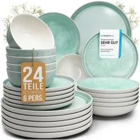 PURE LIVING INTERIOR DESIGN Geschirr-Set Pure Living »Ibiza« (24-tlg), 6 Personen, Steingut, Türkis, 6 Personen, Steingut, Mediterrane Handwerksoptik, Reaktive Glasur – jedes Stück einzigartig…