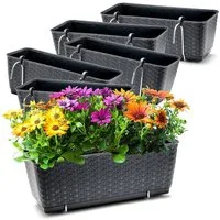 BigDean Blumenkasten 6x Bewässerungssystem + Halterung Rattan-Optik Anthrazit 39x15,5x14cm (Set, 6 St., Balkonkästen), Bruchfest, Bewässerungssystem, Wasserspeicher, Halterung