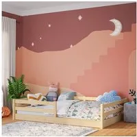 Bellabino Kinderbett Iskri mit Rausfallschutz und Lattenrost (natur, optional mit Matratze), Bodenbett verfügbar in 90/120/140x200