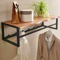 FINEBUY Garderobenpaneel Wandgarderobe Holz Metall 80 cm Garderobe mit Ablage Flur (Akazie Massivholz / Metall 80 x 22 x 33 cm), Hakenleiste Ablage, Garderobe Flurgarderobe Wand