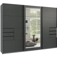 luma-home Schwebetürenschrank 22501 (B270/H208/T64 cm Kleiderschrank mit Vollausstattung, schwarzen Griffleisten) mit 6 sichtbaren Schubladen in der Front und Rahmenspiegel in Grafit