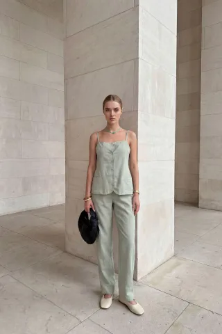 V-Ausschnitt Knopfveste mit Taschen und gerade geschnittene Hose Zwei-Teile-Set