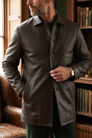 Herren braune Lederjacke mit langem Kragen – Wappen