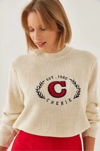 Bestickter Rundhalsausschnitt-Strickpullover