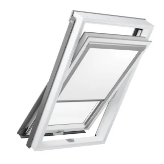 Dachfenster mit verdunkelndem Innenrollo in Weiß, PVC, Schwingflügel, RoofLite+ made by Velux Group, Solid PVC, Innen Weiß, außen Anthrazit