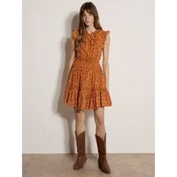 Apricot Minikleid Mini-Kleid mit Rüschen und zierlichem Blumenmuster (mit Bindeband) mit Bindeband