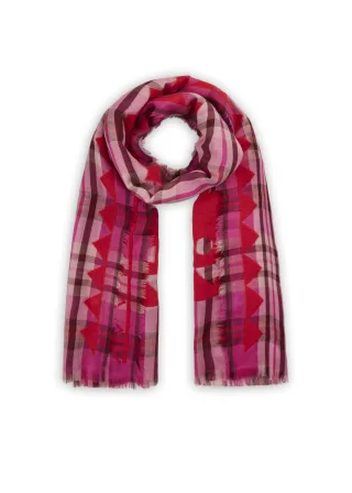 Premium Schal aus Woll-Baumwoll-Mischung mit Karomuster und stilisierten Tieren pink - Gr. - one size
