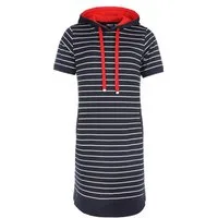 modAS Sweatkleid Damen Kleid 46613 Streifen-Design mit Kapuze - Kapuzen-Kleid Kurzarm Doppellagige Kapuze mit Flachkordel, Ärmelbündchen, Geschlitzter Saum