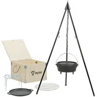 BBQ-Toro Holzkohlegrill Dutch Oven Set 6-teilig mit Holzkiste, mit Topf, Pfanne, Grillrost, Set 6-teilig