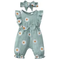 Lapastyle Strampler Baby Sommer Outfit Set, Bodysuit mit Rüschen und Gänseblümchen Muster (Set, 2-tlg) Jumpsuit & Haarband Set, 100% Baumwolle, Schleifendekor, Lässig, Süß