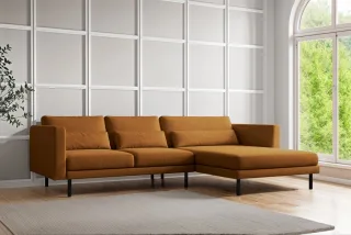 Ecksofa Designersofa AGADA in Stoff Verita Rostbraun Ottomane Rechts