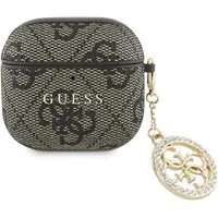 Guess Kopfhörer-Schutzhülle Case AirPods 4 Kunstleder braun Logo Metal Kette Strass goldfarbig, Kantenschutz
