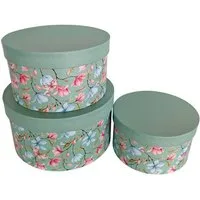 PapeRoom Geschenkbox 3er Set grün mit Blumenmuster - rund (3 St)