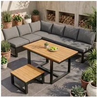 OKWISH Gartenlounge-Set mit stabilem Stahlgestell, (ohne Armlehnen,Ecksofa mit Tisch & Couchtisch, wetterfestes Stahlgestell, Sitzkissen in Grau, 1-tlg., 220 x 167 x 78 cm)
