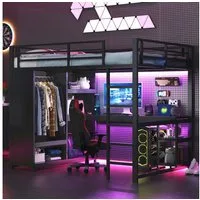 Merax Hochbett (Jugendbett Kinderbett Einzelbett Spielbett, 1-St) Metallbett 140x200cm mit LED Schreibtisch Kleiderschrank Ablagefächern