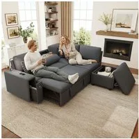 Merax Schlafsofa Ecksofa L-Form Sofa, 5-Sitzer Sofa mit Schlaffunktion, 1 Teile, Ausziehbares Sofa mit Hocker, Leselicht, Stauraum, USB, Type-C, Leinen