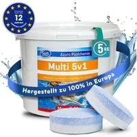 Azuro Chlortabletten 5 in 1 Chlor Multitabs 200g langsamlöslich für Pools, (1kg, 3kg, 5kg, Hergestellt in Europa), für kristallklares und hygienisches Poolwasser), langzeit Chlor Tabletten zur Reinigung und Desinfektion