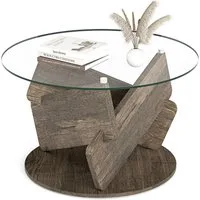 COSTWAY Couchtisch, runder Glastisch, Bestelltisch Massivholz ∅81cm x 49cm