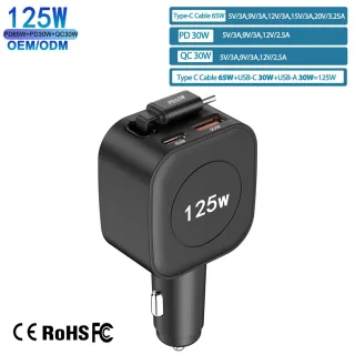 IBD 125W Car Charger With Retractable Cable PD 65W 30W QC30W Type C USB 3 Port in 1 Fast Charging for Iphone17 Laptop An
