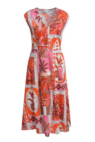 Milano Italy - sleeveless mididress w v-neck pink print - Gr. - 38