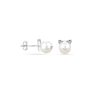 Damen Katzen-Perlenohrringe aus 925 Sterling Silber mit natürlichen Perlen BIPE046